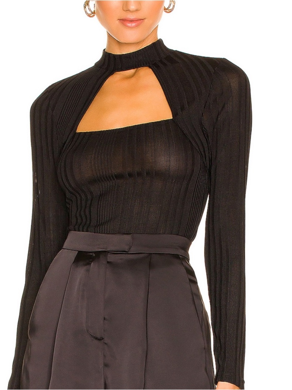 BCBGeneration Black Ribbed Cutout Long Sleeve Top